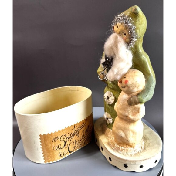 Rare Nicole Sayre Paper Mache Santa With Snowman Box Midwest Of Cannon Falls 13" - Picture 8 of 10